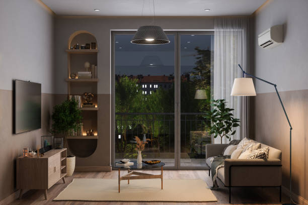 vista laterale del soggiorno moderno di notte con divano, condizionatore d'aria e televisore - side window foto e immagini stock