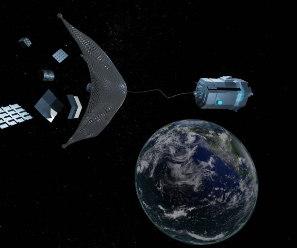 istock Mission for satellite to clean up space debris or junk around Earth 1401909389
