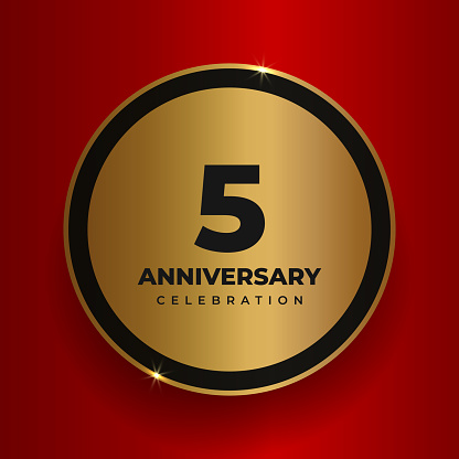 5 years anniversary celebration background. Celebrating 5th anniversary event party poster template. Vector golden circle with numbers and text on red square background. Vector illustration