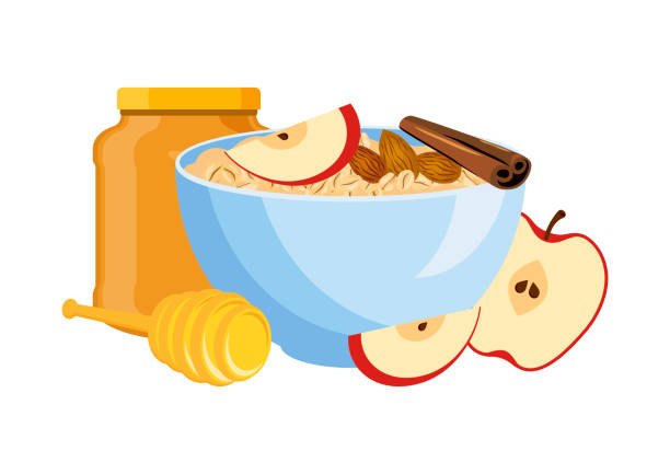 овсянка с яблоками, миндалем, корицей и медом икона вектора - bowl cereal cereal plant granola stock illustrations