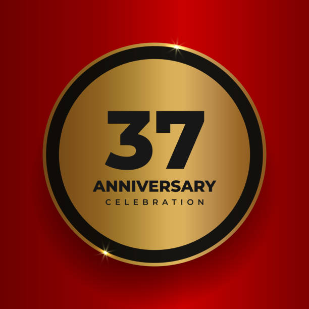 37 years anniversary celebration background. 37 years anniversary celebration background. Celebrating 37th anniversary event party poster template. Vector golden circle with numbers and text on red square background. Vector illustration number 37 stock illustrations