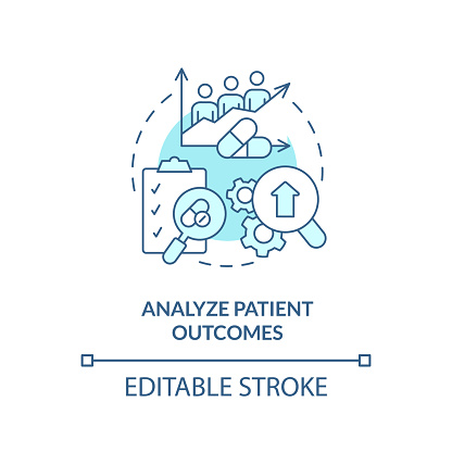 Analyze patient outcomes turquoise concept icon. Improving quality of healthcare abstract idea thin line illustration. Isolated outline drawing. Editable stroke. Arial, Myriad Pro-Bold fonts used