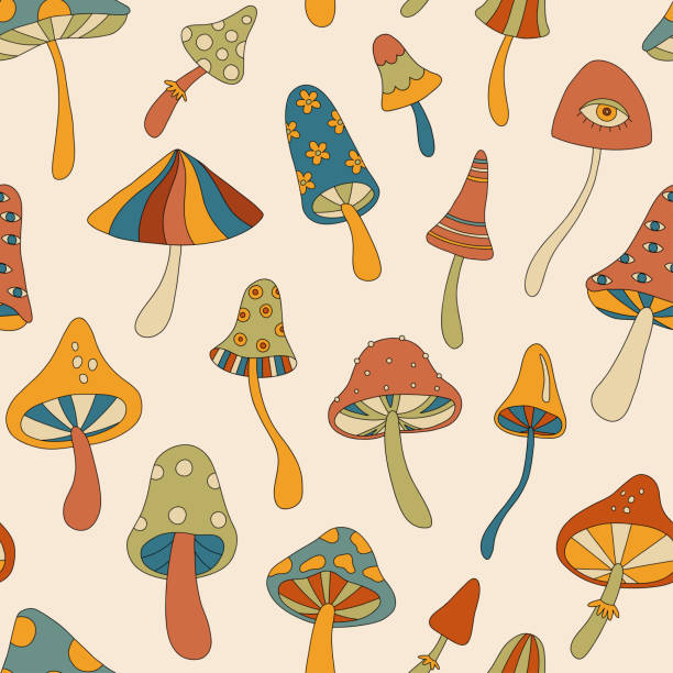 illustrations, cliparts, dessins animés et icônes de motif sans couture avec des champignons rétro. champignon magique, mouche agaric. rétro 70s 60s champignon groovy psychédélique. illustrations boho vintage.  fond hippie pour papier peint, tissu. - edible mushroom illustrations