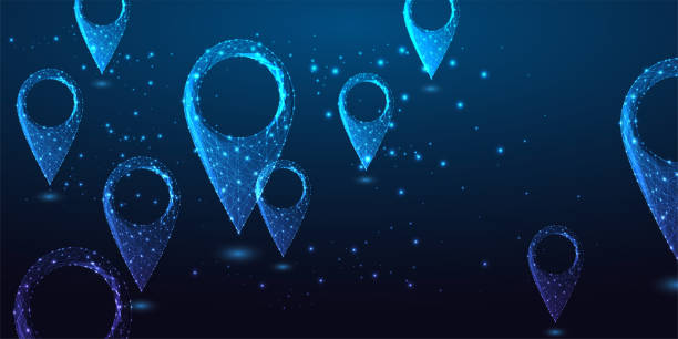 istock Futuristic pin location markers, journey destination concept with glowing low poly gps pin symbols 1401915736