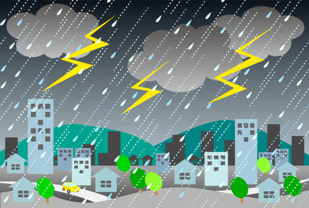 stadtbild unter starkregen- und donnerillustration - lightning thunderstorm city storm stock-grafiken, -clipart, -cartoons und -symbole