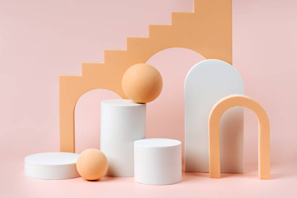 istock Abstract background with various geometrical forms and  podiums in pastel color for product presentation. Podium to show cosmetic products. 1401916106