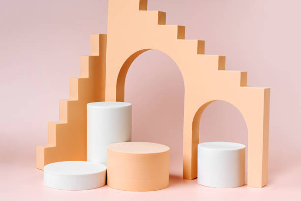 istock Abstract background with various geometrical forms and  podiums in pastel color for product presentation. Podium to show cosmetic products. 1401916280