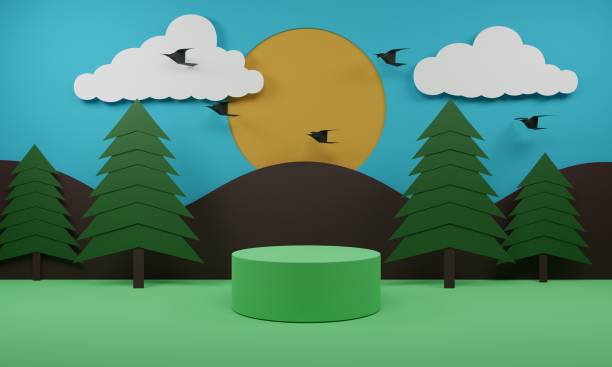 istock green podium with the forest and mountain background.3d rendering. 1401916933