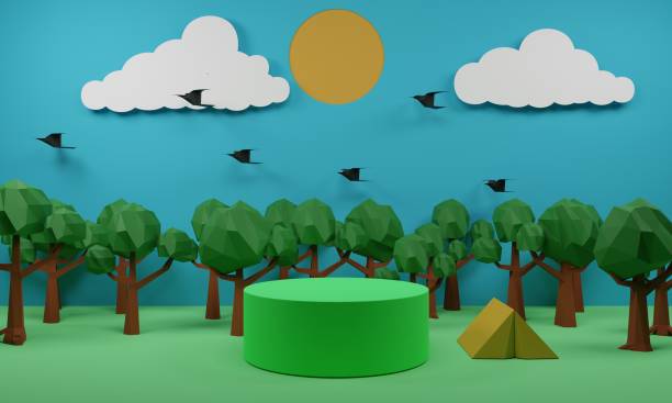 istock green podium with the low poly forest and sun background.3d rendering. 1401916937
