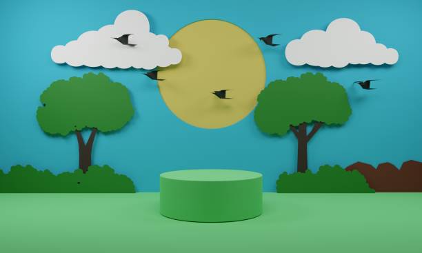 istock green podium with the forest and sun background.3d rendering. 1401916938