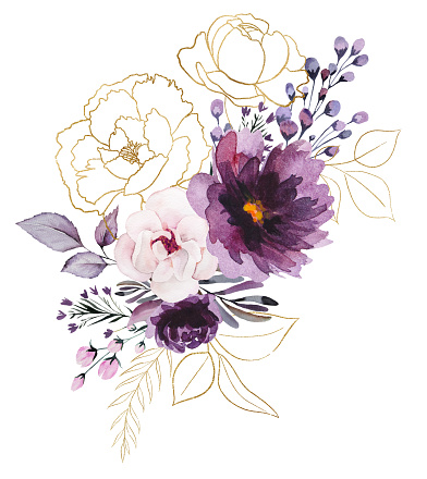Bouquet made of Watercolor Purple and golden peonies and leaves illustration isolated. Romantic floral arrangement for wedding stationary, greetings cards. Sparkling golden outline and violet flowers