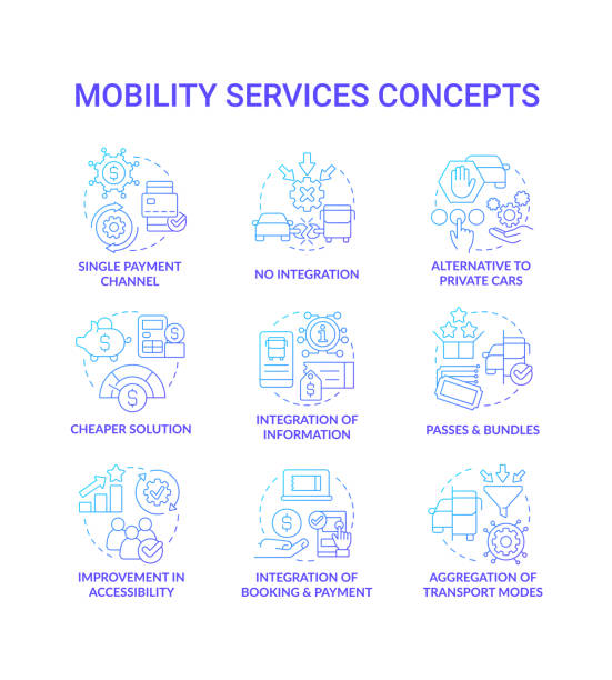 ilustraciones, imágenes clip art, dibujos animados e iconos de stock de conjunto de iconos de concepto de degradado azul de movilidad como servicio - pay as you go