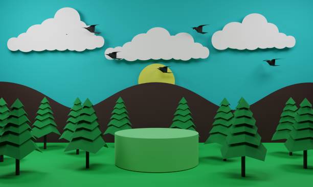 istock green podium with the low poly forest and sun background.3d rendering. 1401917768