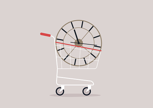 Time concept, Vintage wall clock in a supermarket cart