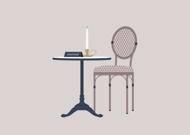 ilustraciones, imágenes clip art, dibujos animados e iconos de stock de una reserva de mesa de restaurante, una cafetería francesa con muebles de ratán y accesorios vintage - booked
