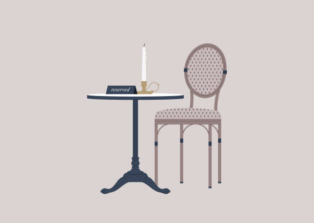 ilustrações, clipart, desenhos animados e ícones de uma reserva de mesa de restaurante, um café francês com móveis rattan e acessórios vintage - booked