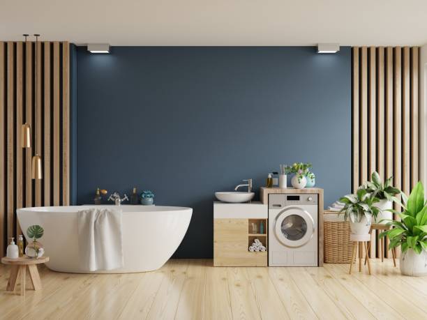 istock Bathroom interior with white bathtub on dark blue wall. 1401923019
