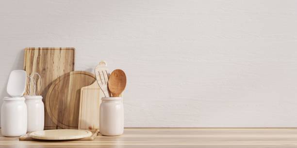 istock kitchen interior with kitchen utensils standing on wooden shelf. 1401923026