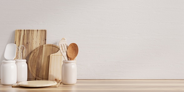 kitchen interior with kitchen utensils standing on wooden shelf.3D rendering