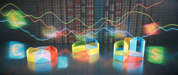 Abstract multi colored pie charts and financial figures spreadsheet table, with outward exploding currency symbols infographics. Wide horizontal composition.