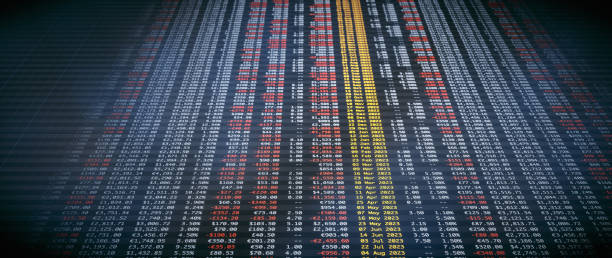 top view on a big data abstract financial spreadsheet table with diminishing perspective, wide horizontal composition - stock market stock exchange banking stock market data imagens e fotografias de stock