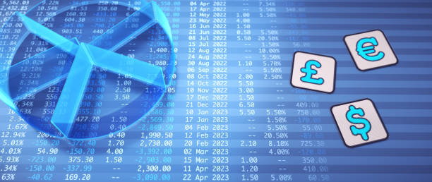 gráfico circular transparente azul en la tabla de hoja de cálculo de cifras financieras con iconos de símbolos de moneda. vista superior, composición de cerca. - spreadsheet pie chart chart report fotografías e imágenes de stock