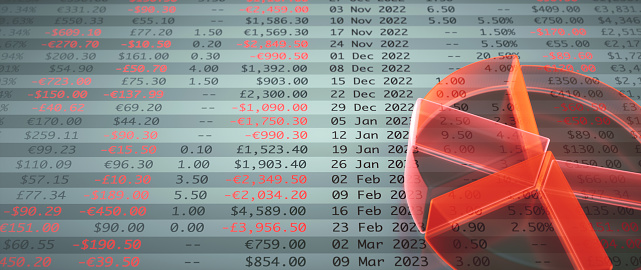 Simple red pie chart on financial figures spreadsheet table with red negative numbers. Top view, close up composition.