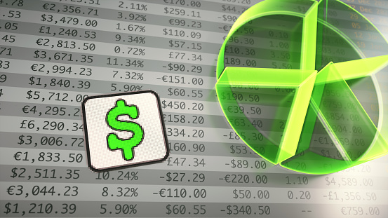 Abstract pie chart in transparent green color on financial figures spreadsheet table with the Dollar currency symbol. Top view, close up composition.