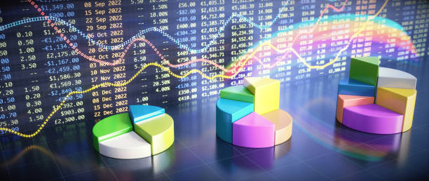 grafici a torta astratti multicolore e tabella di fogli di calcolo delle figure finanziarie per l'anno 2022, con infografica del grafico a linee. ampia composizione orizzontale. - stock market data finance chart home finances foto e immagini stock