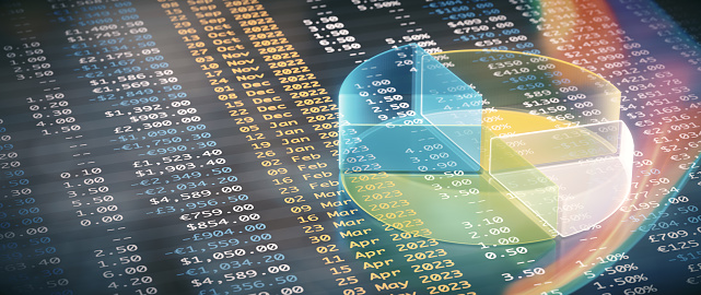 Abstract digital pie chart on financial figures spreadsheet table, with a colorful lens flare. Top view close up horizontal composition.