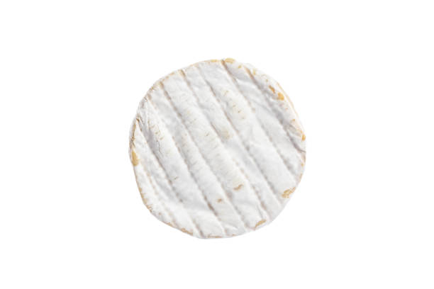 White soft Brie cheese. Camembert isolated on white background, top view. Round dairy product. stock photo