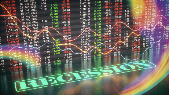 Abstract multi colored financial spreadsheet table with the word recession in green color, line graph and lens flare overlay