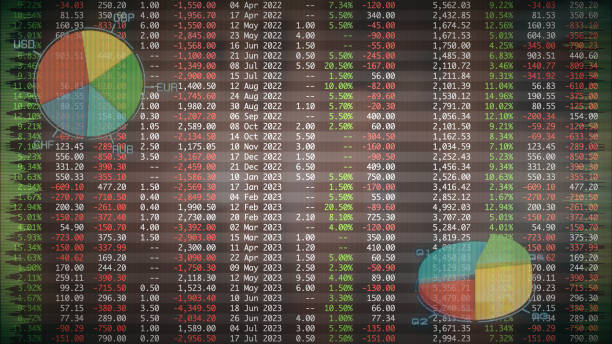 foglio di calcolo digitale pixelato per figure finanziarie con sovrapposizione di infografica di grafici a torta, vista frontale, composizione orizzontale - analytics data spreadsheet computer foto e immagini stock