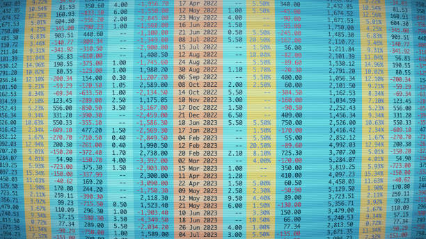 planilha de figuras financeiras multicoloridas simples, visão frontal, composição horizontal ampla - spreadsheet finance financial figures number - fotografias e filmes do acervo