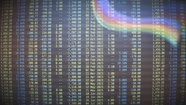 primo piano su un foglio di calcolo finanziario colorato con sovrapposizione lens flare, vista frontale, ampia composizione orizzontale - analytics data spreadsheet computer foto e immagini stock