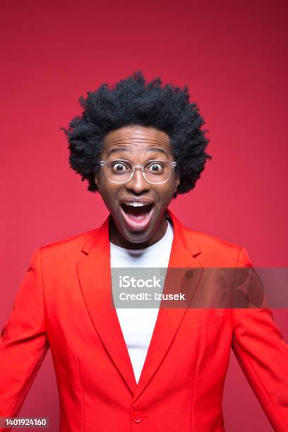 Businessman In Red Blazer With Mouth Open Stock Photo - Download Image Now - Colored Background, Formal Portrait, Males