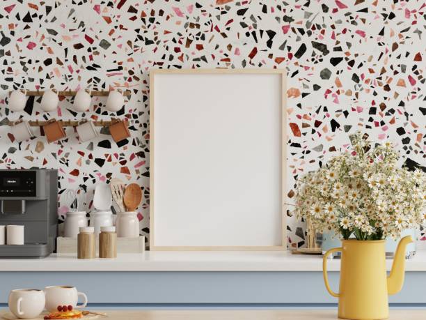 Mock up poster frame in kitchen interior with terrazzo wall background.