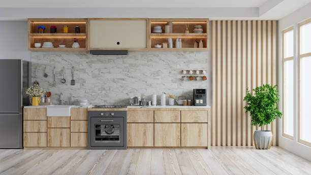 istock Modern kitchen interior with furniture,kitchen interior with tiles wall. 1401925467