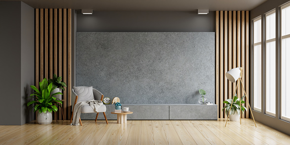 Concrete cabinet TV in modern living room with armchair and plant on concrete wall background.3d rendering