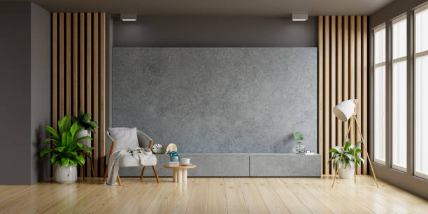 concrete cabinet tv in modern living room with armchair and plant on concrete wall background. - flat screen audio imagens e fotografias de stock