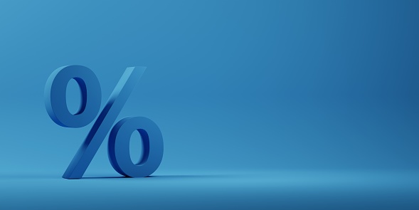 3D render of blue percentage symbol on blue background