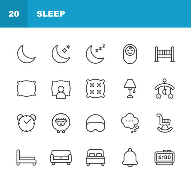 ikony linii uśpienia. edytowalny obrys. zawiera takie ikony jak księżyc, łóżko, gwiazda, noc, poduszka, dziecko, budzik, hotel, hostel, podwójne łóżko, spanie. - snow stock illustrations