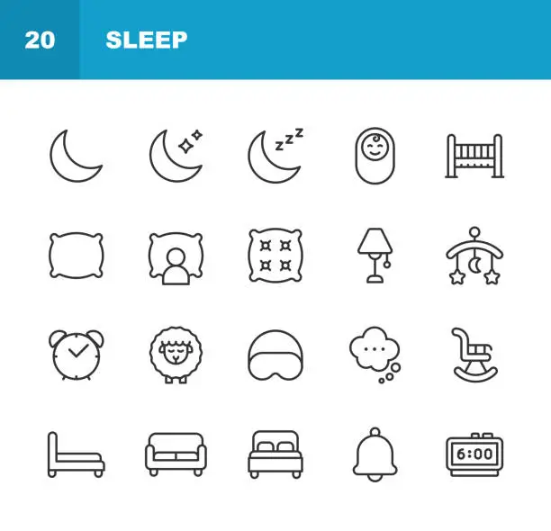 Vector illustration of Sleep Line Icons. Editable Stroke. Contains such icons as Moon, Bed, Star, Night, Pillow, Baby, Alarm Clock, Hotel, Hostel, Double Bed, Sleeping.