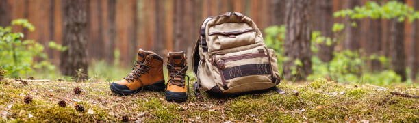 istock Backpack and hiking boot in woodland 1401927493
