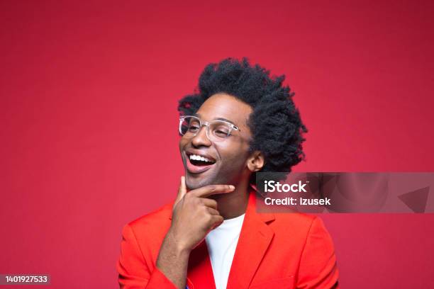 Happy Businessman With Hand On Chin Stock Photo - Download Image Now - Day Dreaming, Entrepreneur, Men