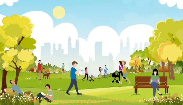 Vector illustration of Morning city park with family having fun in the park,boys walking the dog,man talking on phone, women sitting on bench, two guys reading a book under tree,City lifestyle of people in Summer time
