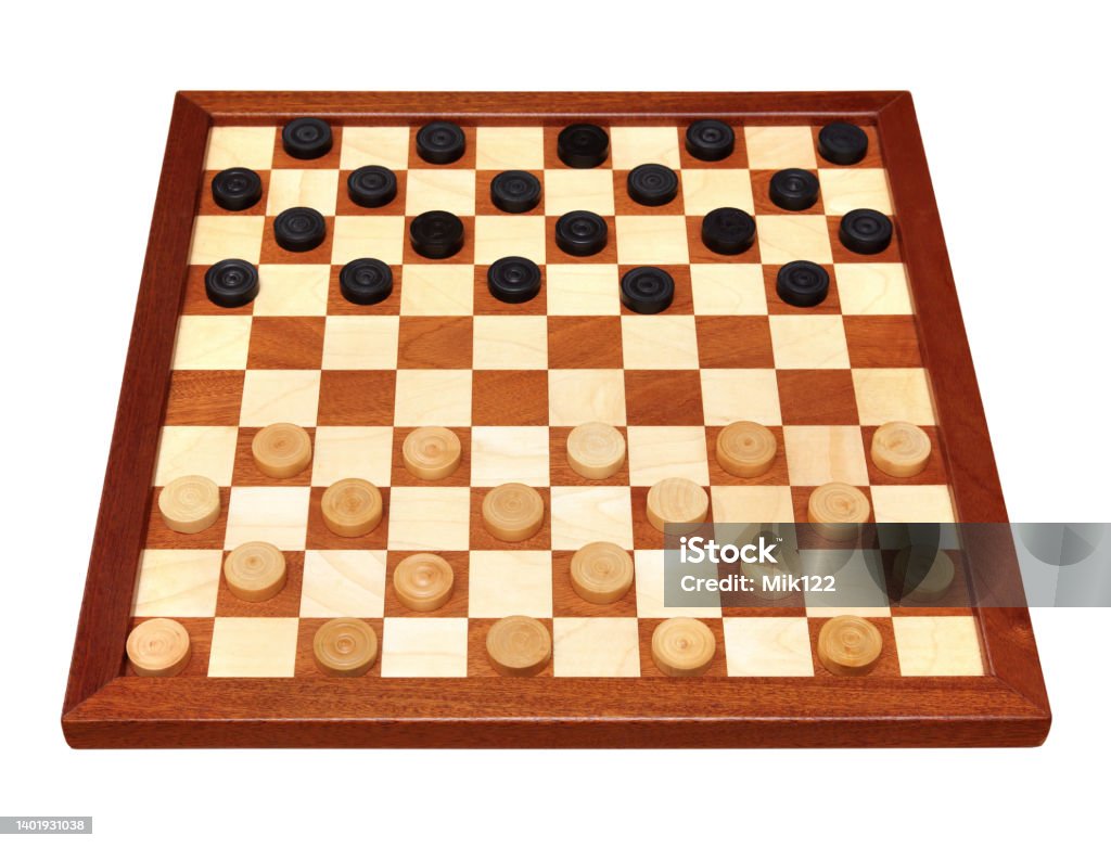 checkerboard with checkers spaced wooden checkerboard with checkers spaced isolated on white Black Color Stock Photo