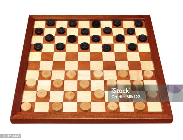 Checkerboard With Checkers Spaced Stock Photo - Download Image Now - Black Color, Board Game, Brown