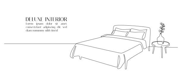 Continuous one line drawing of double bed and table with potted plant. Scandinavian stylish furniture for cozy sleeping bedroom in simple linear style. Editable stroke. Doodle vector illustration Continuous one line drawing of double bed and table with potted plant. Scandinavian stylish furniture for cozy sleeping bedroom in simple linear style. Editable stroke. Doodle vector illustration. drawing of mattress stock illustrations