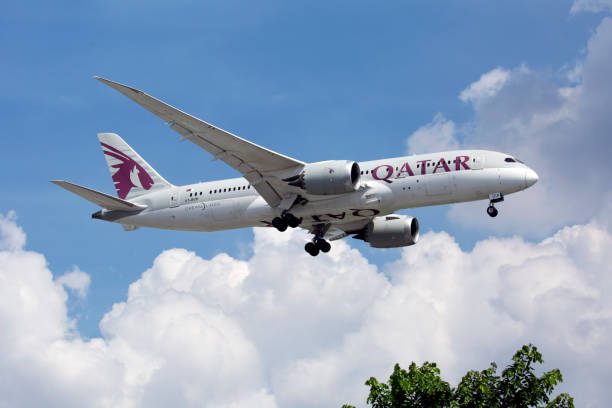 boeing b787 du qatar atterrissant à l’aéroport international de tan son nhat - boeing 787 qatar airways airplane aerospace industry photos et images de collection